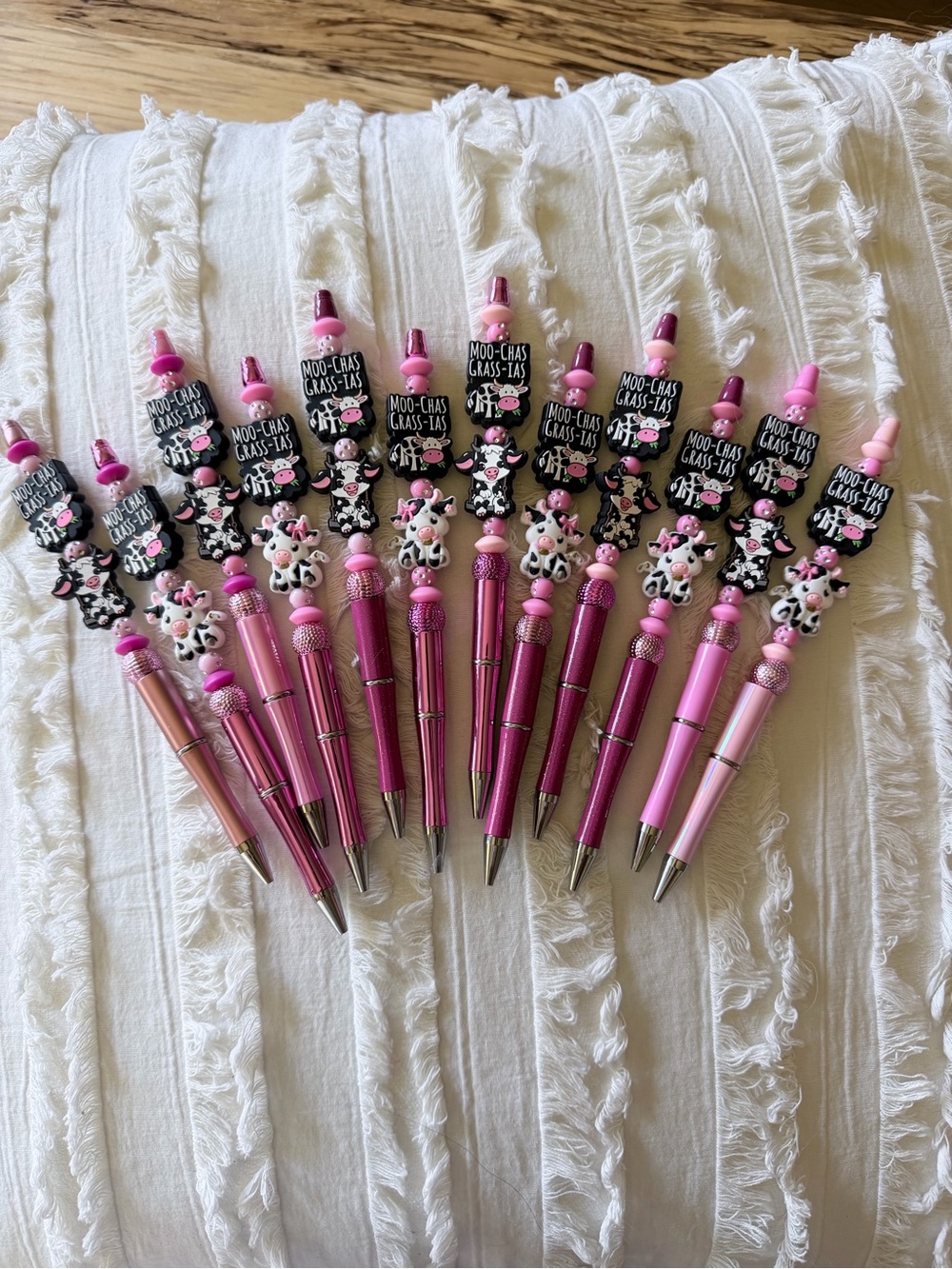 Beaded Pink Cow-Themed Ballpoint Pen Set of 12